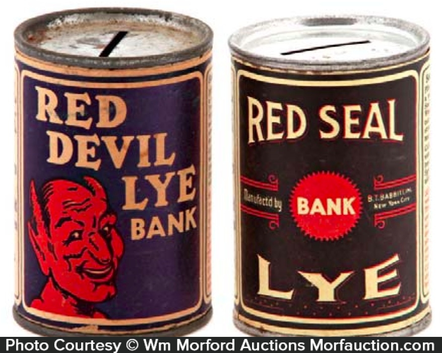 Vintage Lye Tin Banks • Antique Advertising
